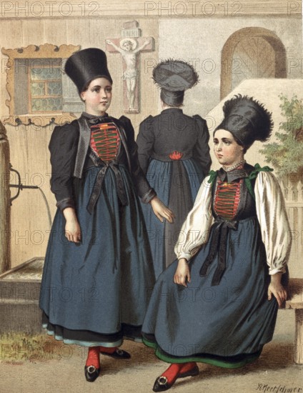 Traditional costumes in Germany around 1820, Vorarlberg, Montafon, Three woman in Tyrolean costumes with striking headgear in front of a house, digitally retouched reproduction of a model from around 1850, by Albert Kretschmer (27 February 1825, 11 July 1891), German painter and traditional costume expert