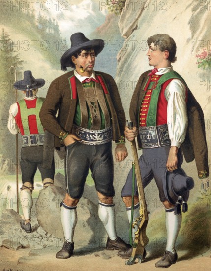 Traditional costumes in Germany around 1820, Tyrol, Passeier Valley, Two men in Tyrolean costumes in conversation in an alpine setting with a third man in the background, digitally retouched reproduction of a model from around 1850, by Albert Kretschmer (27 February 1825, 11 July 1891), German painter and traditional costume expert