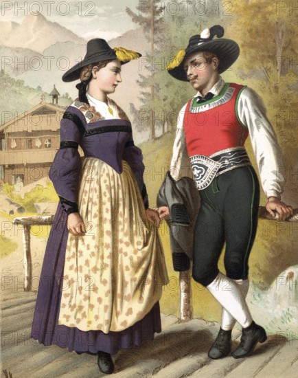 Traditional costumes in Germany around 1820, Tyrol, Zillertal, couple in traditional traditional costume standing on a wooden bridge with mountains in the background, digitally retouched reproduction of a model from around 1850, by Albert Kretschmer (27 February 1825, 11 July 1891), German painter and costumier