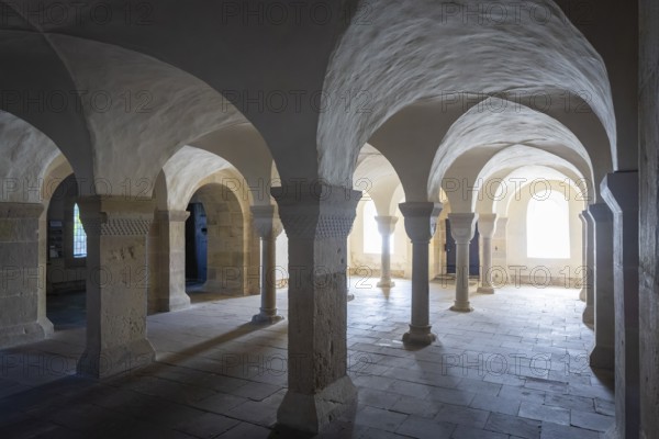 The Lippoldsberg Monastery with the Church of St George and St Mary is a former Benedictine monastery that was the origin of the village of Lippoldsberg on the Weser in northern Hesse. Romanesque narthex, Lippoldsberg, Lippoldsberg, Hesse, Germany, Europe