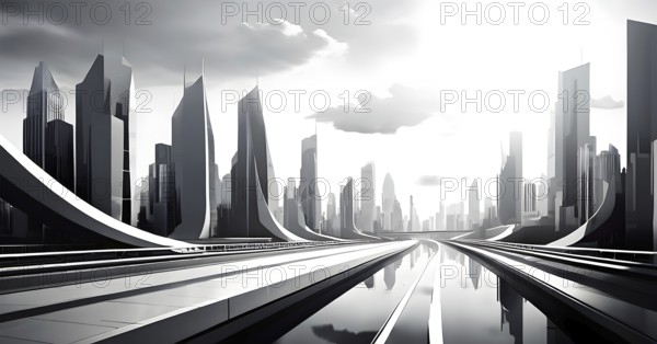 Modern city skyline using clean lines and geometric forms, with rectangular buildings and smooth, curved roads in a monochromatic color palette of grey, black, and white, AI generated