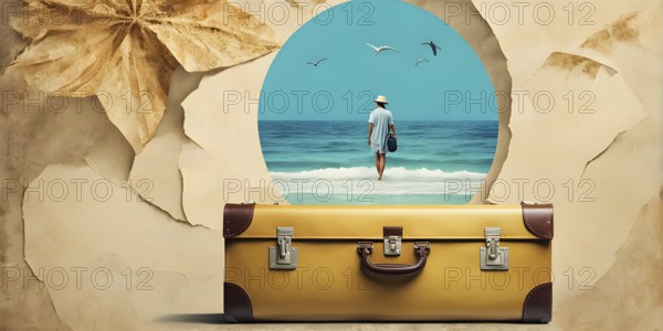 Vintage collage of a tourist with suitcase on a beach symbolizing vacation, AI generated