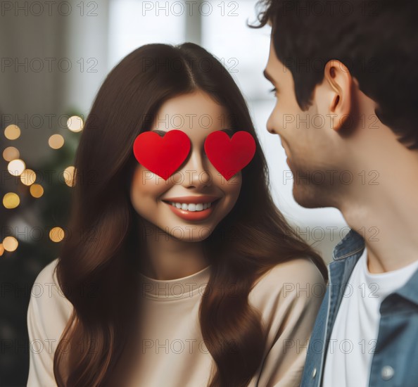 Lovers, a happy young woman in love with hearts as a symbol of love smiles at a young man, symbol image, AI generated, AI generated