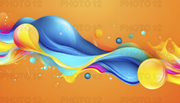 Abstract wallpaper with colorful turquoise and yellow blobs and liquid shapes on a orange background, AI generated