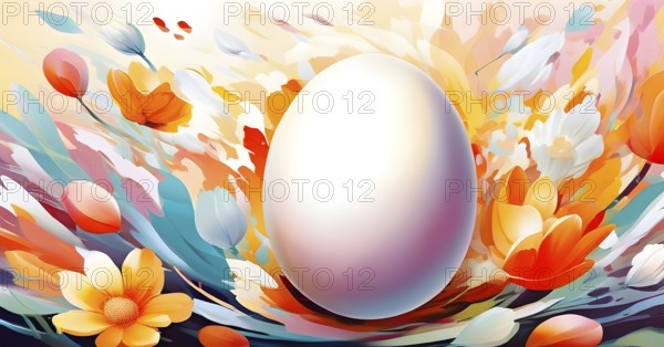 An energetic, abstract explosion of spring colors with egg and flower motifs subtly integrated, creating a festive and lively composition, AI generated