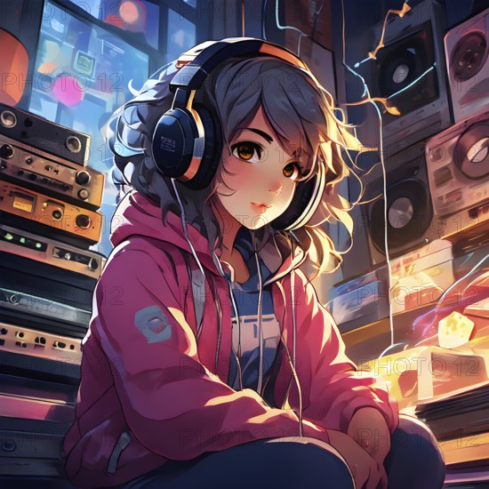 Anime style portrait of a girl with large headphones engulfing her ears, AI generated