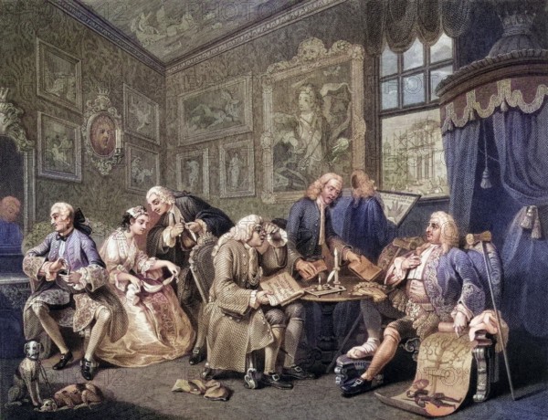 Marriage a la Mode The Contract From the original by Hogarth from The Works of Hogarth published London 1833, Historic, digitally restored reproduction from a 19th century original, Record date not stated