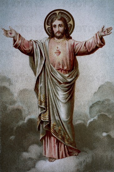 A small picture of a saint depicting Christ's promise to Blessed Margaret Mary, Germany, 1900, historical, digital reproduction of an original 19th century model, Europe