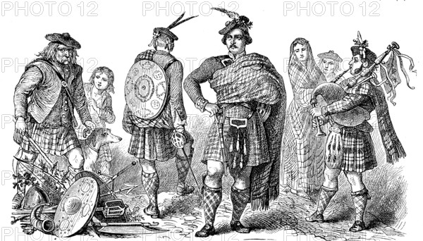 National traditional costume from Scotland, men in kilts, illustration from 1880, historical, digital reproduction of an original from the 19th century