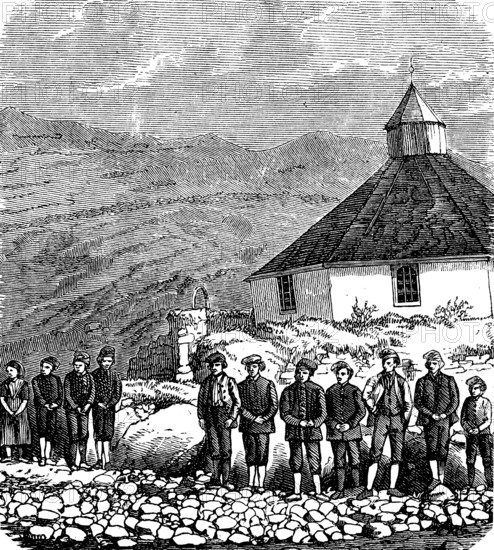 Church on Strömö, main island of the Faroe Islands, with a group of locals, in 1890, Historical, digital reproduction of an original from the 19th century