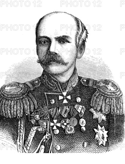 Konstantin Petrovich von Kaufman (b. 19 February/July/3 March 1818greg., d. 4 May/July/16 May 1882greg.) was a general of the Russian army, Historical, digital reproduction of an original from the 19th century