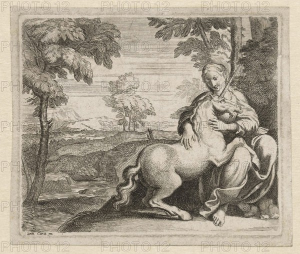 Young Woman with a Unicorn, c. 1602, Italy, Historic, digitally restored reproduction from a 19th century original, Record date not stated, Europe