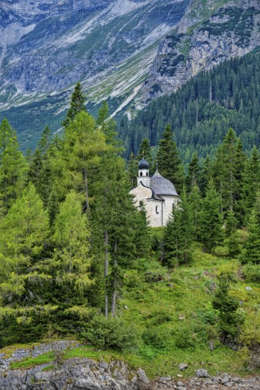 Lake chapel Maria am See, Obernberger See, mountain lake, landscape of the Stubai Alps, weather mood, Obernberg am Brenner, Tyrol, Austria, Europe