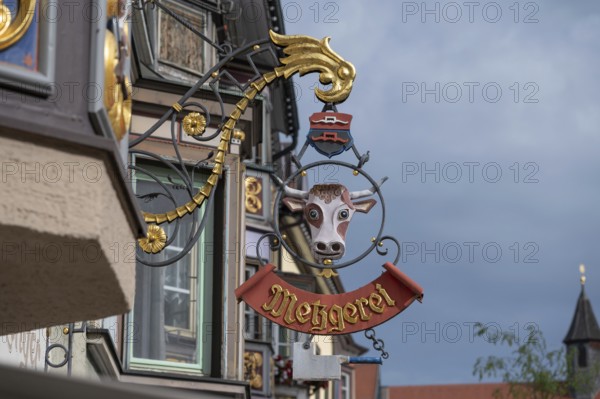 Nose sign with a cow's head of a butcher's shop, Rottwei, Baden-Württemberg, Germany, Europe