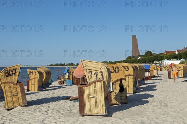 Beach chairs, beach, naval memorial, Laboe, Schleswig-Holstein, Germany, Europe