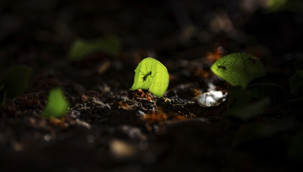 Leafcutter ants carrying leaves, ant trail, Tortuguero National Park, Costa Rica, Central America