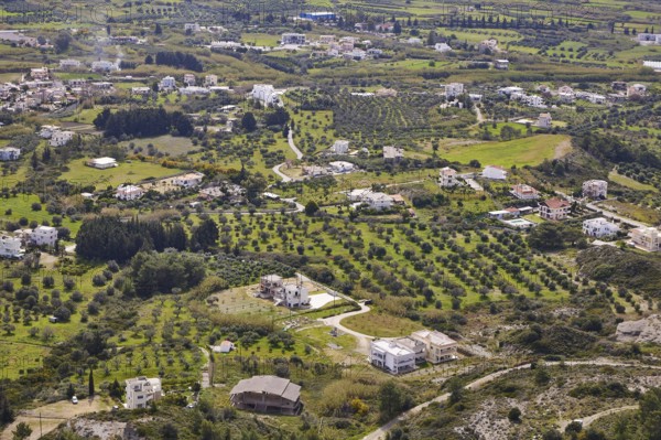 View from Filerimos hill, aerial view of a green village with scattered houses, fields and hills surrounded by lush vegetation, Filerimos, hill not far from Rhodes town, Ancient State of Ialyssos, Rhodes, Dodecanese, Greek Islands, Greece, Europe