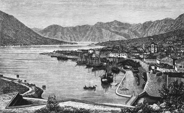 Old town of Kotor or Cattaro in the Bay of Kotor, city wall with round tower, mountain landscape, harbour with two masts, geography, Montenegro, historical illustration 1888, Europe