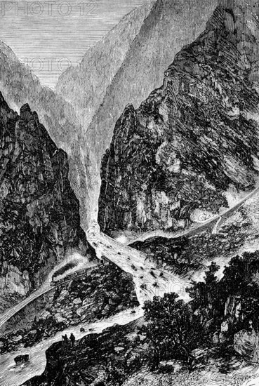 Railway subway under a tributary of the Fiume Tagliamento, part of the Tauern railway, mountain stream, alpine landscape, valley, erosion, journey, Veneto, Italy, historical illustration 1885, Europe