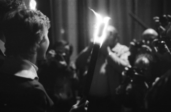 The Yes and No to the 1980 Moscow Olympics brought protesters to the Westfalenhalle on 20.4.1980 in Dortmund, Germany, Europe