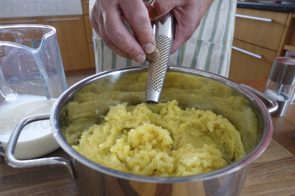 German cuisine, preparation of mashed potatoes for sauerbraten with mashed potatoes, grating nutmeg, grater, seasoning, pot, grandmother's kitchen, regional, home cooking, traditional cuisine reinterpreted, men's hands, food photography, studio, Germany, Europe