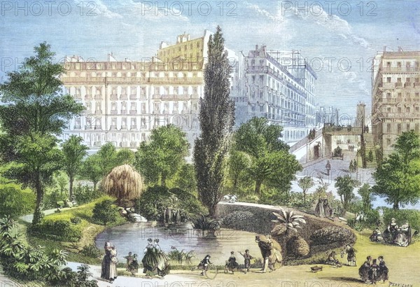 The Square Montholon and the Pont de la rue Vellefond in Paris, 1869, France, Historic, digitally restored reproduction of a 19th century original, exact original date unknown, Europe