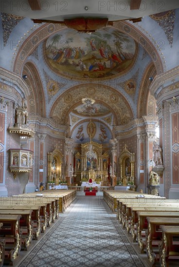 Interior view of nave and high altar, Parish Church of Ortisei, Val Gardena, South Tyrol, Italy, Europe