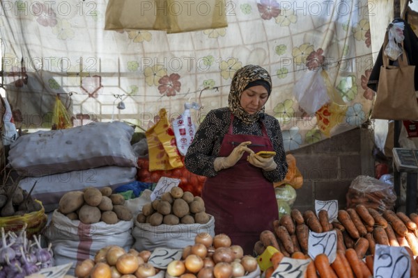 Vendors selling vegetables, vegetable stall, Osh Bazaar, Bishkek, Kyrgyzstan, Asia