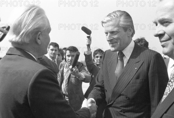 The Krupp concern used the visit of the important GDR politician, Guenter Mittag, to Bonn for talks in the Villa Huegel with Berthold Beitz on 17 April 1980 in Essen.Walter Leisler-Kiep (CDU) receives Guenter Mittag (SED) 9in Cologne-Bonn Airport, Germany, Europe