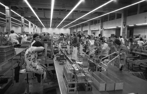 The production of electronic devices by female workers at the Siemens company on 23.11.1974 in Kamp-Lintfort, DEU, Germany, Kamp, Europe