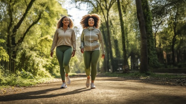 Happy african american female friends enjoying a healthy run in the park together. generative AI