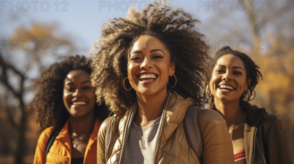 Happy african american female friends enjoying a healthy run in the park together. generative AI