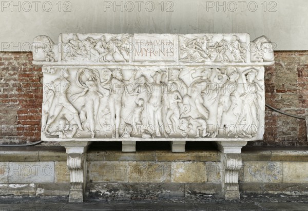 Roman sarcophagus, Sarcofago romano, Antiquity, Camposanto Monumentale monumental cemetery, Miracles Square, Piazza dei Miracoli also Campo dei Miracoli, Piazza del Duomo, Pisa, Tuscany, Italy, UNESCO World Heritage Site, Europe