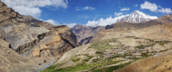 Panorama of Spiti valley and Kibber village in Himalayas. Spiti Valley, Himachal Pradesh, India, Asia