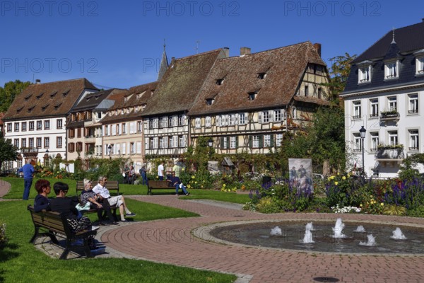 Half-timbered facades on Quai Anselmann, Wissembourg, Weissenburg, Alsace, Prefecture Bas-Rhin, Department Grand Est, France, Europe