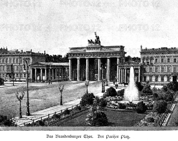 Brandenburg Gate and Pariser Platz, Berlin, quadriga, quadripartite, Doric columns, goddess of victory, gardens, fountains, lanterns, Germany, historical illustration circa 1989, Europe