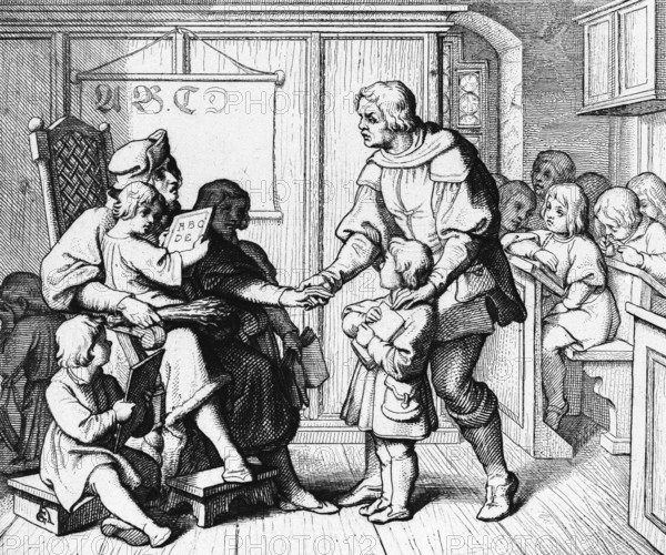 Martin Luther being led to school, Germany, room, teacher, children, school desk, sitting, father, 15th century, historical illustration c. 1860, Europe