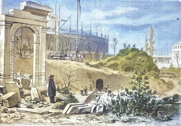 The demolition work on the Field of Mars after the Universal Exhibition of 1867, state 1869, Paris, France, Historic, digitally restored reproduction of an original 19th century original, exact original date not known, Europe