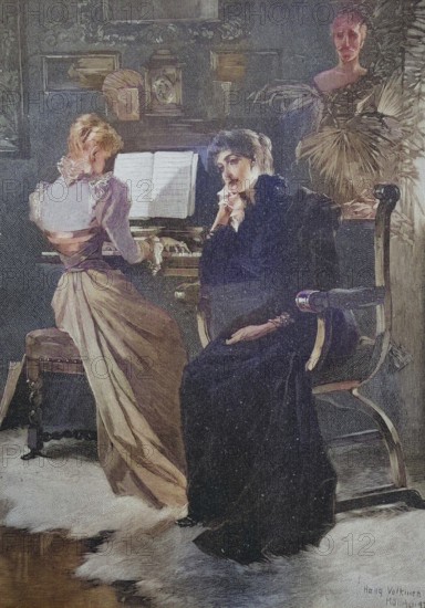 The composer's widow, living room, piano, 1880, Austria, Historic, digitally restored reproduction of an original 19th century master, exact original date not known, Europe