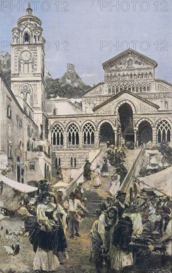 Market scene in Amalfi, Italy, in front of the cathedral, 1880, Historic, digitally restored reproduction of a 19th century original, Europe