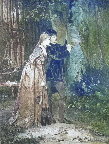 Couple in Love in the Forest Carving a Heart into a Tree Trunk, c. 1875, Historic, digitally restored reproduction of a 19th century original