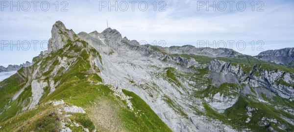 View of the summit of Säntis and Lisengrat, Rotsteinpass, high fog in the valley, Säntis, Appenzell Ausserrhoden, Appenzell Alps, Switzerland, Europe