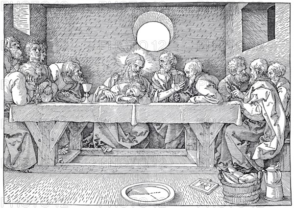 The Last Supper, woodcut by Albrecht Dürer, historical, digitally improved reproduction of an old woodcut