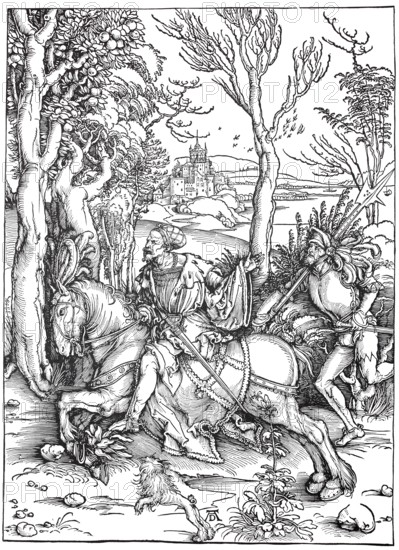 Knight and Landsknecht, woodcut by Albrecht Dürer, historical, digitally improved reproduction of an old woodcut, Knight and Landsknecht, woodcut by Albrecht Dürer, historical, digitally improved reproduction of an old woodcut