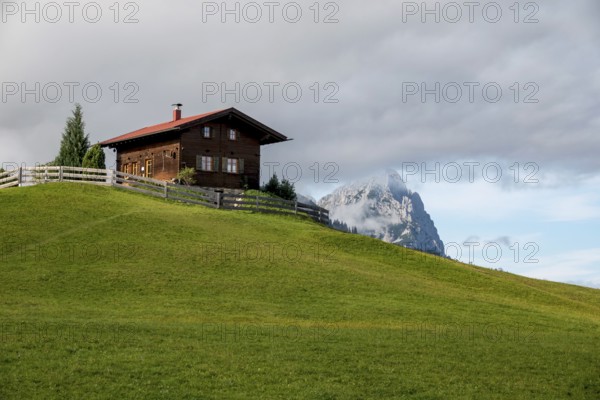 Hill with wooden house, Eckbauer, Werdenfelser Land, Garmisch-Partenkirchen, Upper Bavaria, Bavaria, Germany, Europe