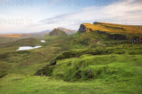 View of rocky landscape Quiraing, Trotternish Ridge, Highlands, Isle of Skye, Inner Hebrides, Scotland, United Kingdom, Europe