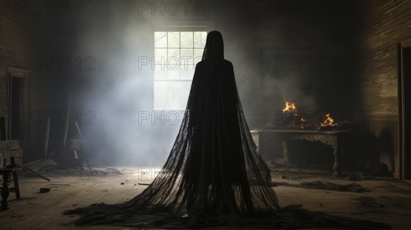 Dark ghostly female figure standing in a smokey room with a burning desk, generative AI