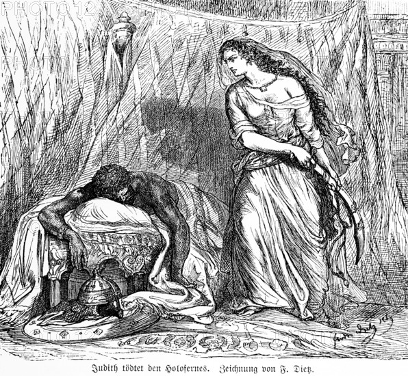 Widow Judith kills the victorious Assyrian commander Holofernes, room, curtain, table, sword, murder, anger, hatred, rage, violence, important woman, BC history, biblical history, Old Testament, historical illustration 1894