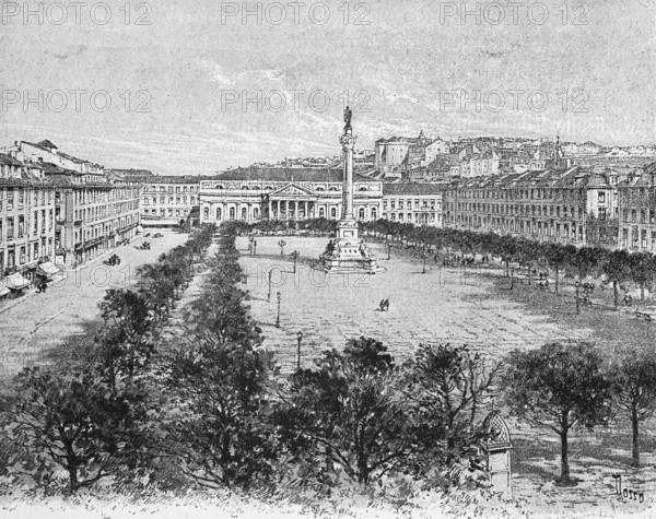 Praça Dom Pedro IV, Crown Prince Square, Lisbon, city view, park, fountain, trees, paths, people, lantern, kiosk, rest, recreation, Portugal, historical illustration around 1898, Europe