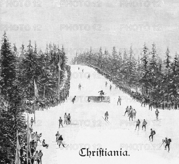 Oslo formerly Christiania, capital of Norway, ice skating, winter sports, skiing, many people, slope, snow, winter, firs, forest, flags, historical illustration around 1898